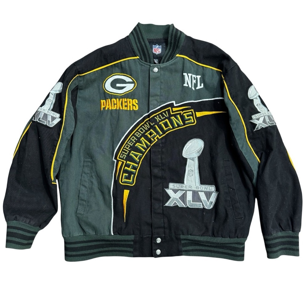 NFL Packers Champions Bomber Button Jacket - Black and Green XXL